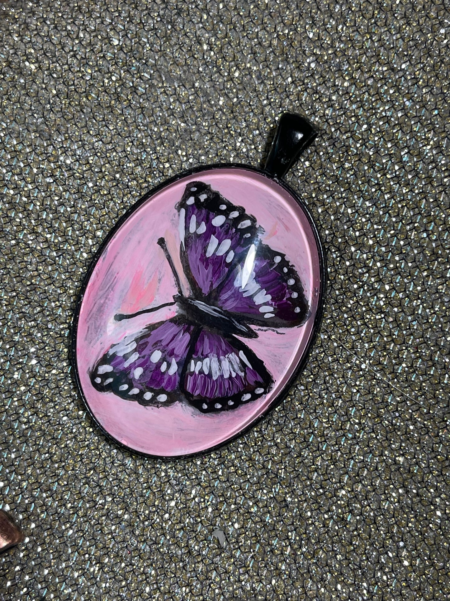 Purple Emperor ~ hand painted oval butterfly pendant