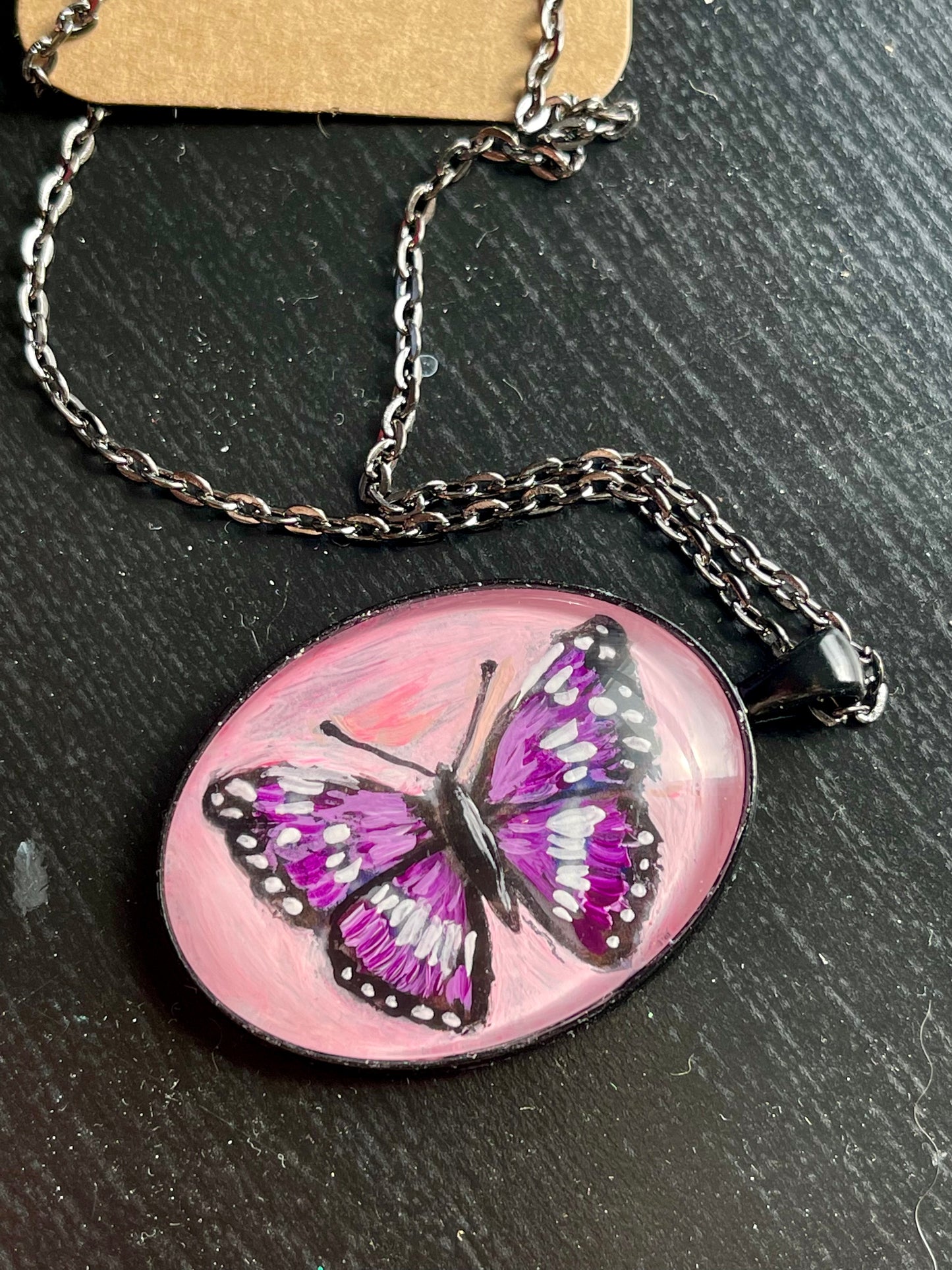 Purple Emperor ~ hand painted oval butterfly pendant