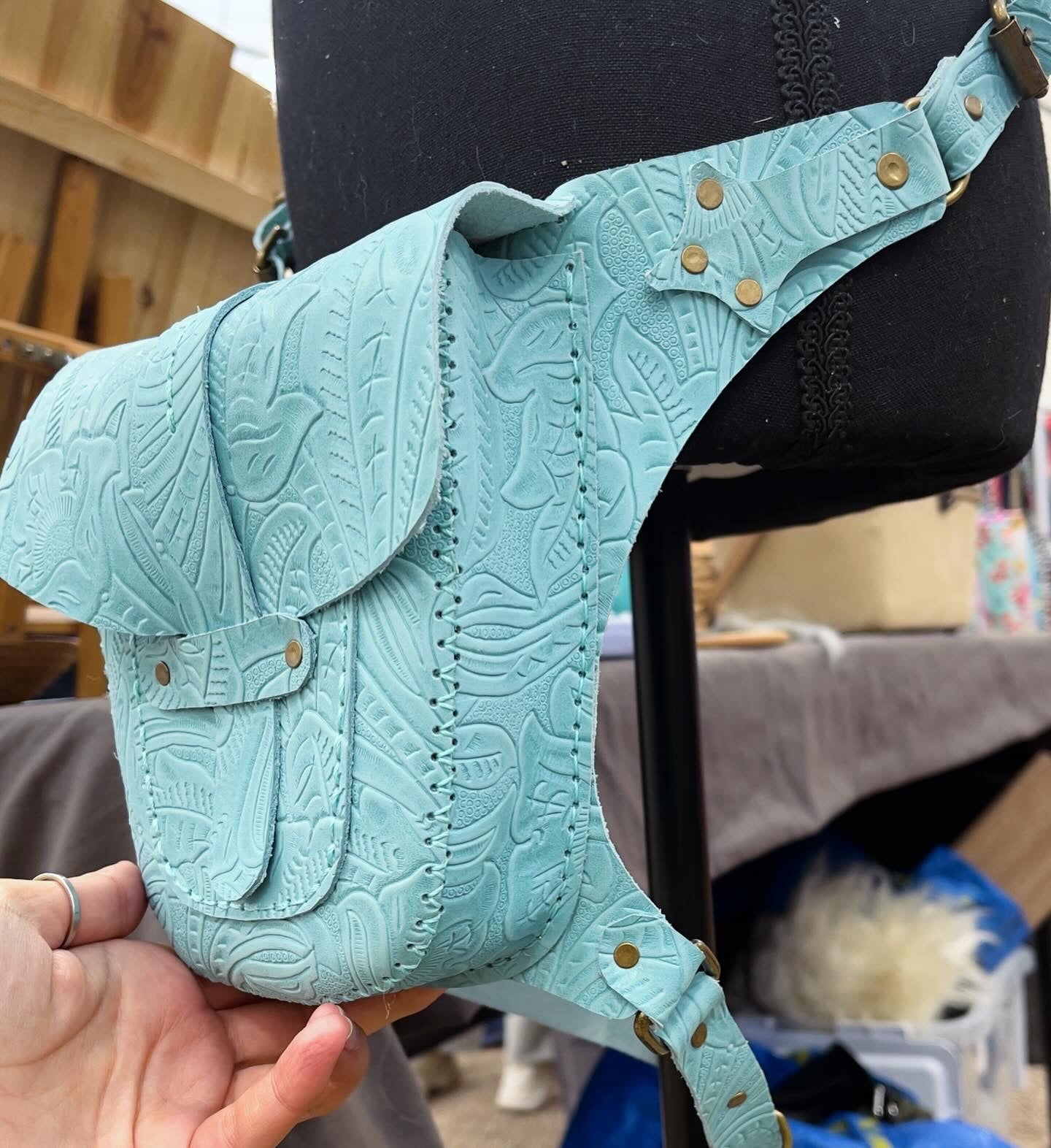 Turquoise Deadstock tooled leather hip bag