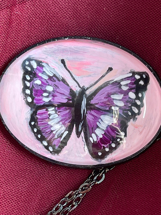 Purple Emperor ~ hand painted oval butterfly pendant