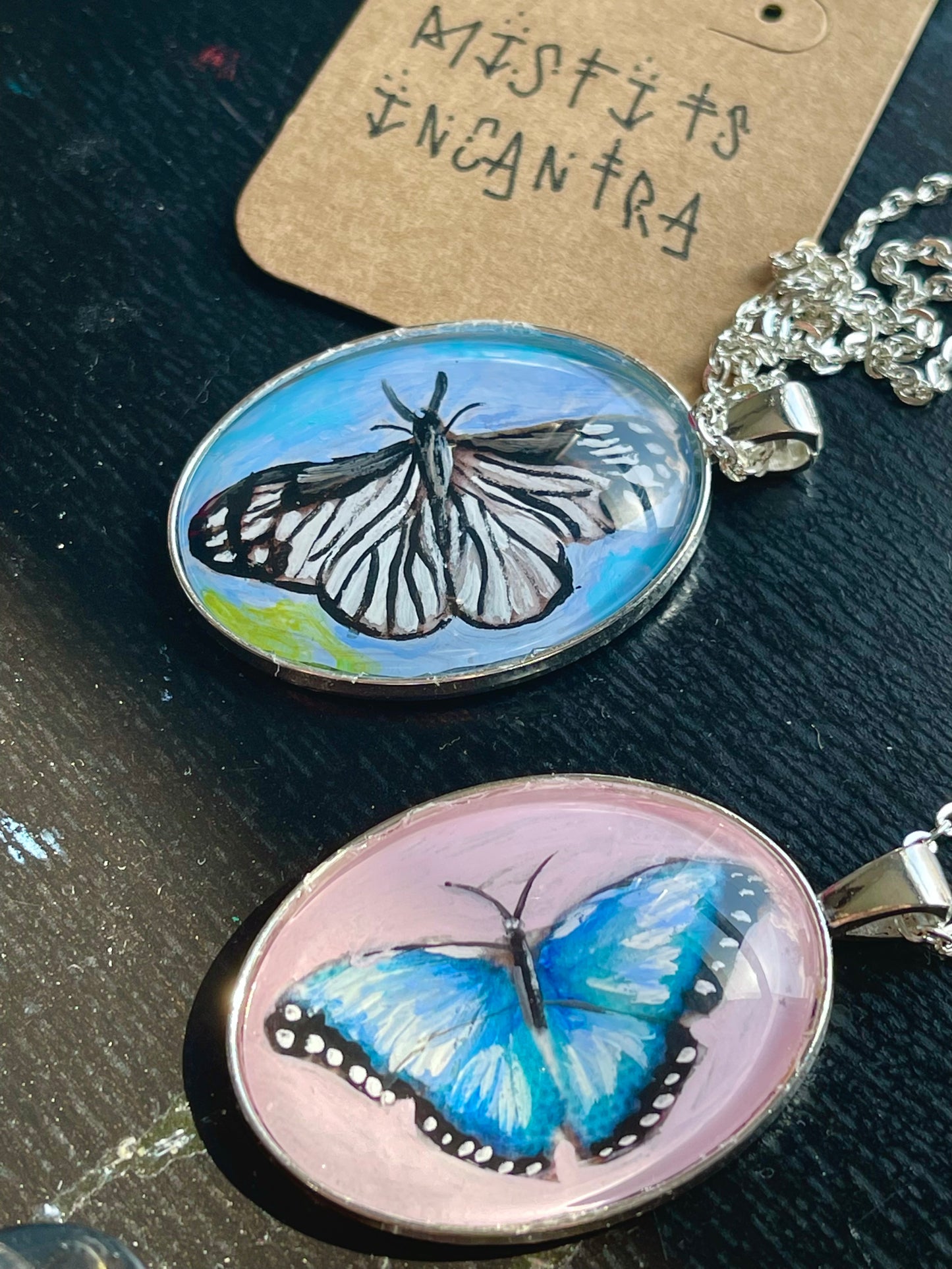 Pine White ~ hand painted butterfly oval pendant