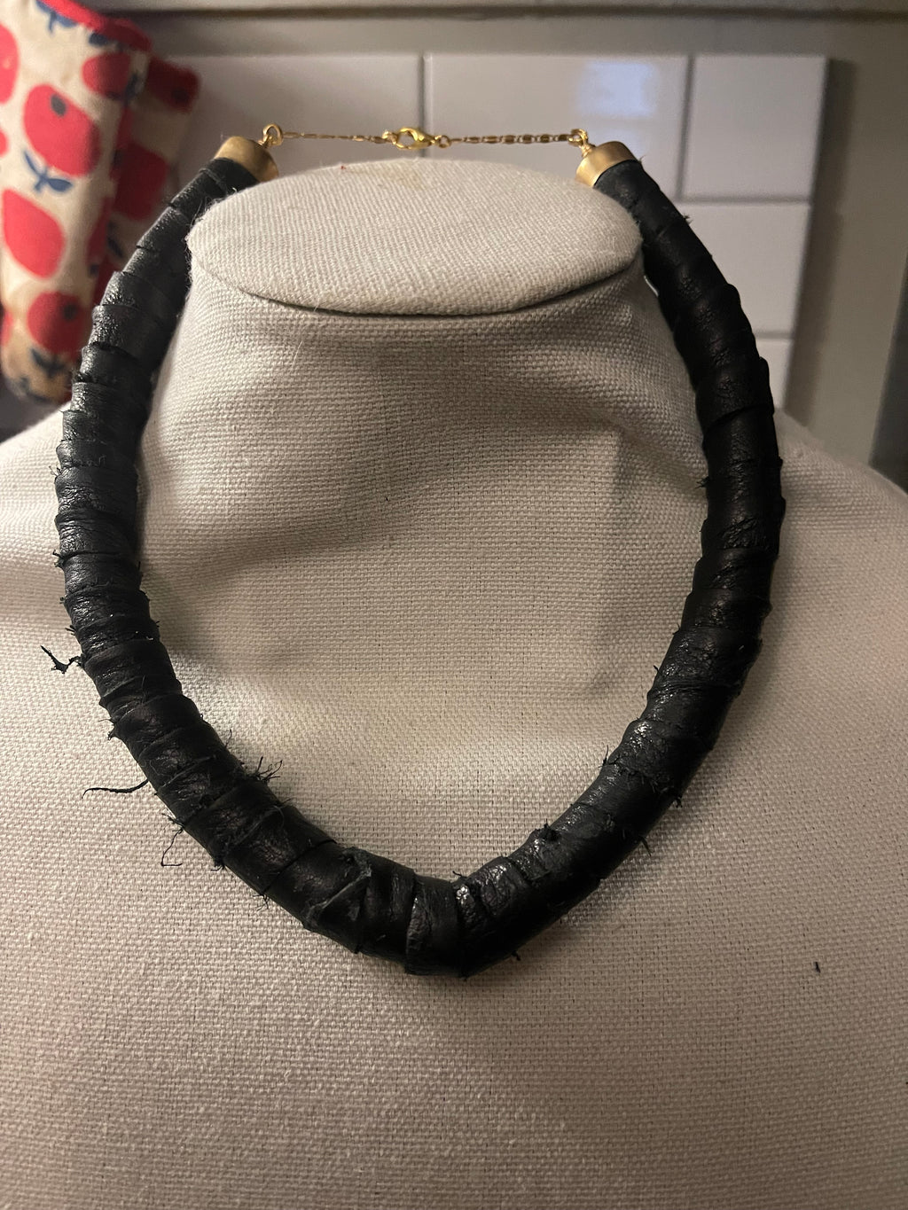 Black Snake Collar, Reclaimed Leather with Gold Hardware