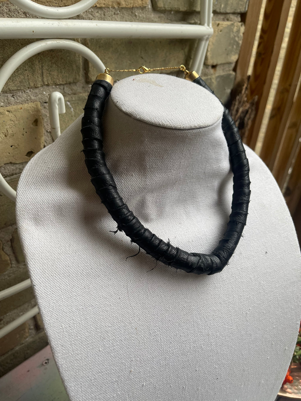 Black Snake Collar, Reclaimed Leather with Gold Hardware
