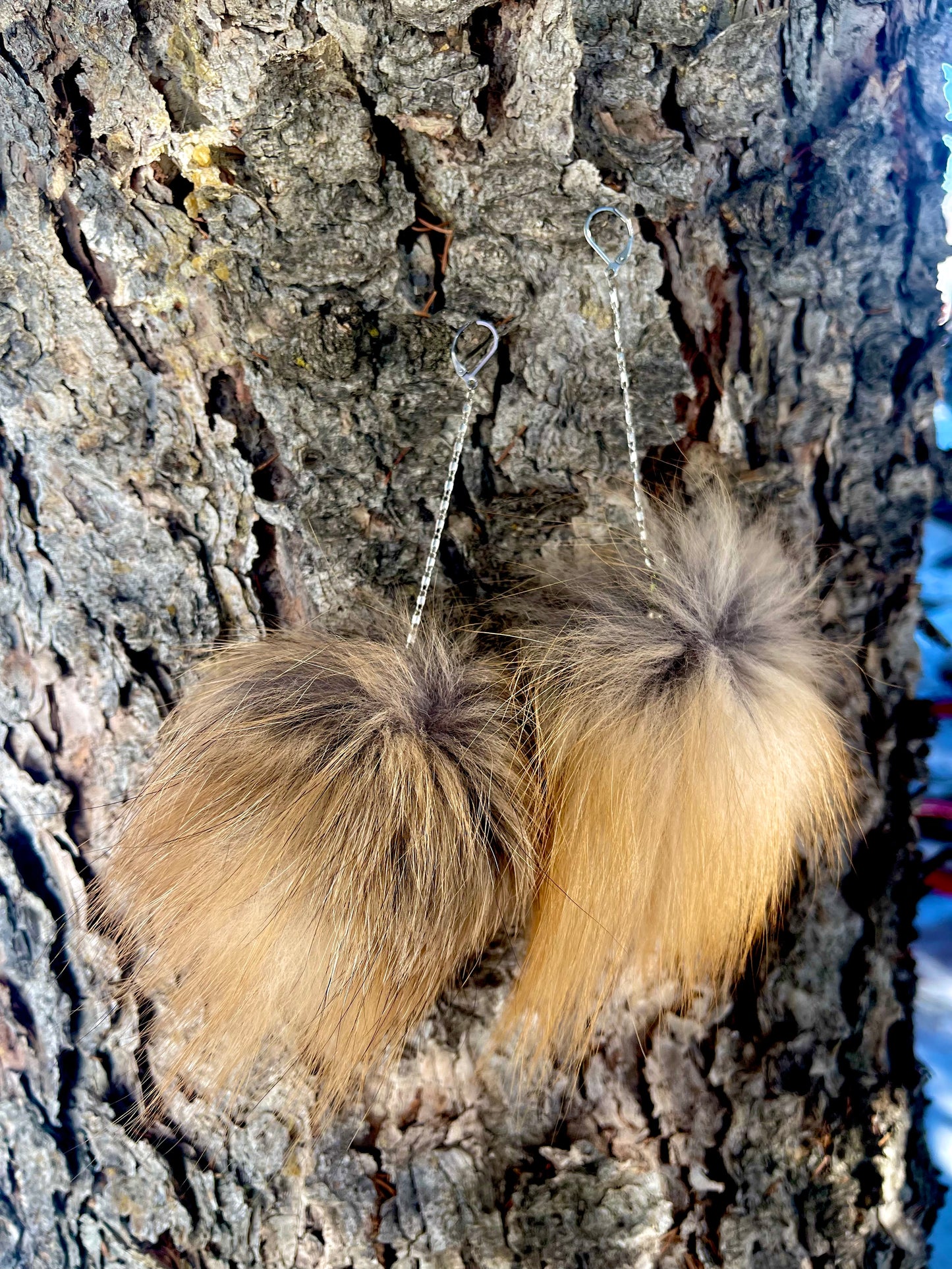 Mahkîsîs ~ Real fox fur pom Dangle Earrings - Large